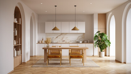 Modern minimal kitchen,Bright contemporary dining area with pendant lights over a wooden table and a large Monstera plant with arched doorways.3d render