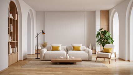 Bright and cozy Scandinavian interior with a Monstera plant,  with a comfortable sofa, armchair, and elegant arched doorways..3d render