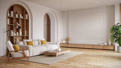 Living room with an empty wall for mockup, minimalist furniture with yellow accents, and abundant natural light..3d render