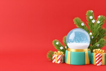 Winter Wonderland: A festive Christmas scene, capturing the essence of the holiday season with a glass snow globe, adorned with a Christmas tree branch, and beautifully wrapped gift boxes.