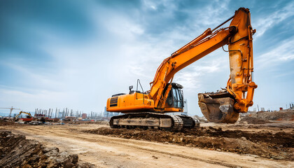 Obraz premium Construction site and industrial heavy machine excavator outdoor. Excavator digger. Heavy equipment machinery. Industrial heavy equipment. Repair with heavy machinery excavator