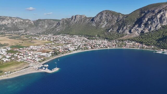Aerial View of Oren Coastline and Marina in Milas, Turkey