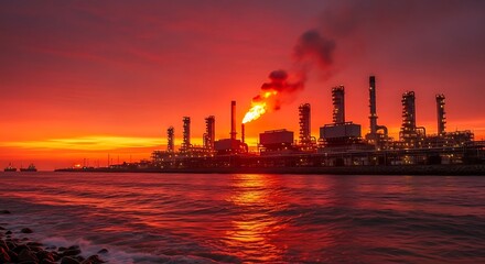 Industrial Sunset - A Fiery Horizon Over the Oil Refinery.