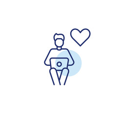 Man working at laptop remotely and heart. Online freelance services. Pixel perfect, editable stroke vector icon