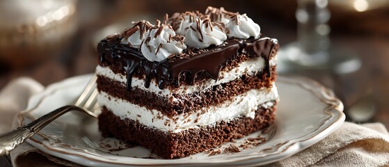 Fudge chocolate layered cake with cream and white icing  
