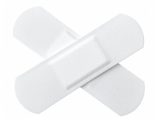 Two white bandages cross, overlapping. Isolated