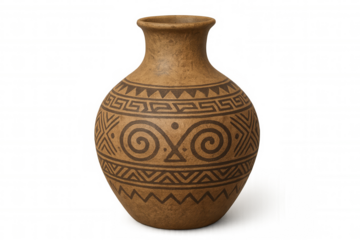Traditional ceramic vase featuring ethnic patterns and ancient tribal pottery designs, isolated with transparent background