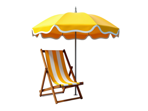 Yellow beach umbrella and striped wooden deck chair for summer vacation holiday relaxation. Isolated outdoor furniture set