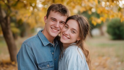 Fototapeta premium Sweet Embrace - young couple smiling close, joyful affection, natural light autumn portrait, warm lifestyle photography, ideal stock for romance, relationships, fall campaigns, happiness concepts