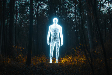 Fototapeta premium Mysterious glowing human figure standing illuminated by radiant light energy, surreal scene created with generative ai