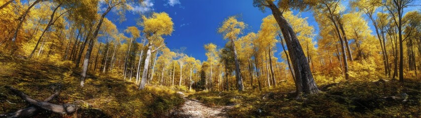 Fototapeta premium Autumn landscape adventure forest path hdr panoramic view vibrant environment