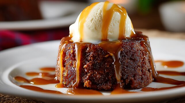 Sticky toffee pudding with vanilla ice cream caramel topping  
