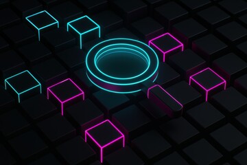 Cybernetic Hub: An illuminated circular centerpiece pulsates with neon glow, surrounded by geometrically aligned squares, cubes.