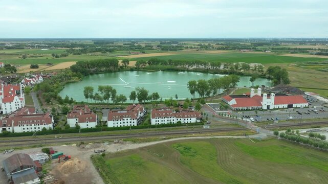 Duinenwater Wake Board Cable Park in Knokke - Aerial View Dolly In
