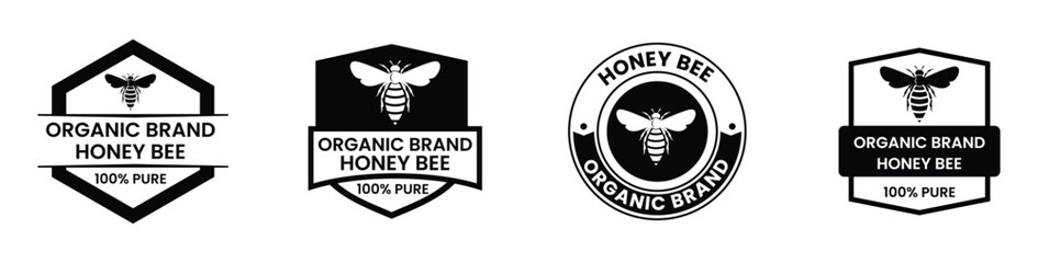  100% Natural wild raw organic honey logo label concept with bee symbol inside hexagon honeycomb nectar drop sign. Beekeeper farm badge brand identity template. Vector illustration.