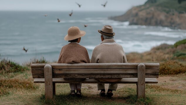 Seaside towns elderly couple on wooden bench facing ocean cliffs, calm companionship with seabirds in overcast light — documentary lifestyle image for retirement, travel, and community stories
