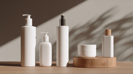White cosmetic bottles with wooden caps on soft neutral background design concept