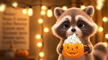 fluffy raccoon holding a jackolantern mug topped with whipped cream smiling under flickering fairy lights