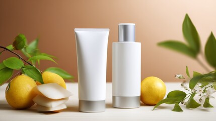 White skincare tubes with lemons and leaves natural beauty product branding design concept