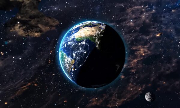 Stunning space view of Earth illuminated by a bright sun, asteroids floating nearby, cinematic lighting and shadows, ultra-realistic textures, rotating Earth with glowing atmosphere