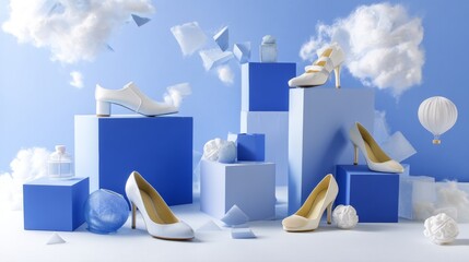 Blue geometric display with shoes and clouds creative retail product advertising concept