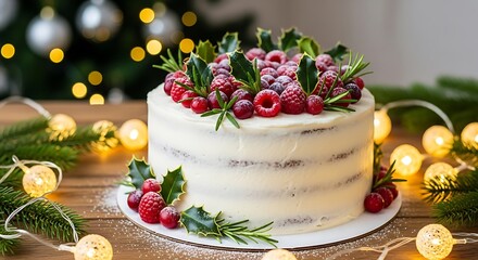 Festive Christmas Cake with Berries and Lights on Wooden Table.