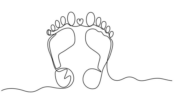 Continuous one line drawing of Human footprint video. Full length animation, Video. Footprint of a path of barefoot human feet in simple linear style . Diagonal trace of barefoot is draw.