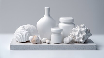 White ceramic vases minimal interior decor elegant aesthetic product composition design concept