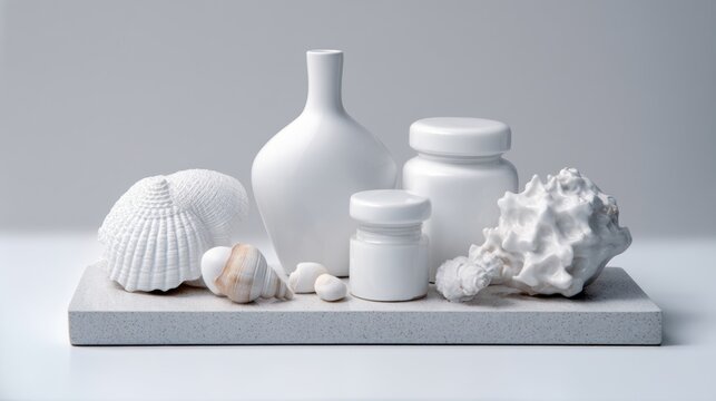 White ceramic vases minimal interior decor elegant aesthetic product composition design concept