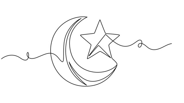 Self drawing line animation Star and moon Islamic design continuous one single line drawn concept video, Moon with stars. Weather conditions, clear sky, night. Nature concept. One line drawing