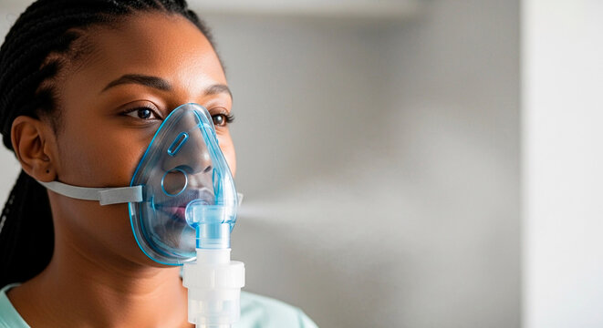 Black woman using a nebulizer mask for respiratory therapy. Patient receiving asthma or allergy treatment. Healthcare and medical concept with copy space
