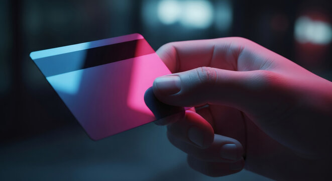 Hand holding a transparent credit card. Future concept payments. Digital finance and global cashless system.