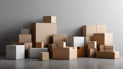 Fototapeta premium Stacked cardboard boxes warehouse logistics minimal shipping storage packaging advertising concept design