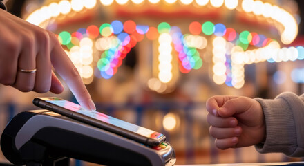 Woman paying with smartphone and child hand waiting. Contactless payment system. Mobile application for family recreation.