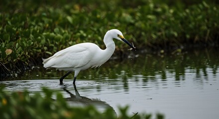 White bird with a black beak holding a small fish, wading in water near green vegetation