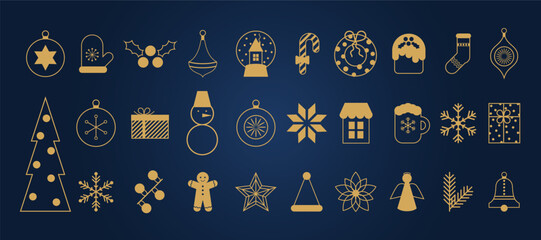 Set of Christmas minimalist geometric elements. Modern Xmas abstract icons,symbol, stickers. New Year holiday decoration. Simple flat vector illustration.