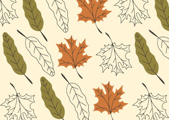 Obraz premium Autumn leaf pattern with repeating motifs of stylized oak and maple leaves in earthy tones of green and orange on a cream background perfect for seasonal decor and design