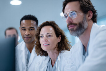 Diverse team of doctors reviewing data. Collaboration in healthcare, science, and research. Medical professionals working together. For teamwork concepts.