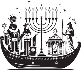 Symbolic boat vector illustration with menorah, Star of David, regal figures, and classical elements