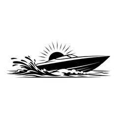 Black and White Speedboat Illustration with Splash and Radiating Sun