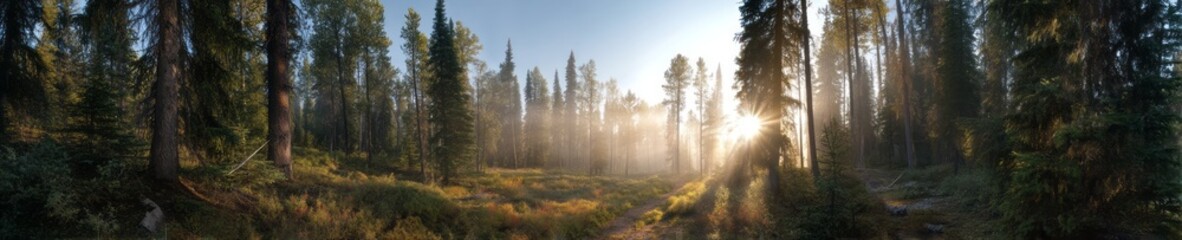 Obraz premium Sunlight streaming through forest trees nature hdr panorama serene environment