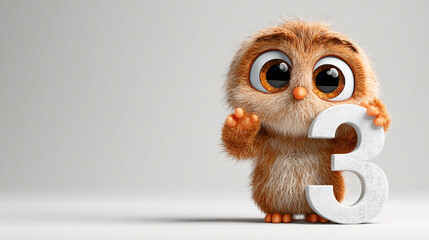 Cute animal holding number three, fluffy character with big eyes, playful expression, soft fur, cartoon style, bright colors, whimsical design