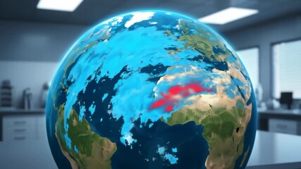 Virtual Earth Globe Rotating With Dynamic Data Overlay in Modern Office - Powered by Adobe