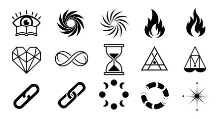 A collection of minimalist and esoteric symbols for mystical spiritual and philosophical concepts.
