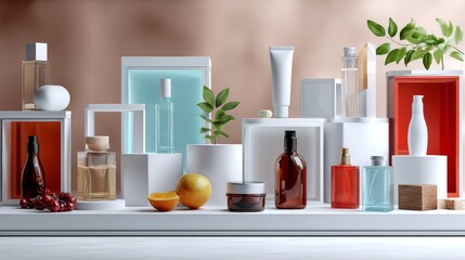 Cosmetic bottles and fruits modern skincare advertising product photography design concept fresh natural