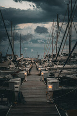 Evening light over sailboats in quiet marina