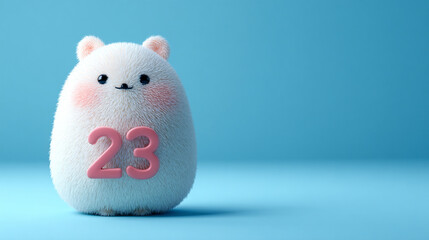 Cute fluffy animal with number 23, soft texture, pastel colors, cheerful expression, playful design, suitable for children decor
