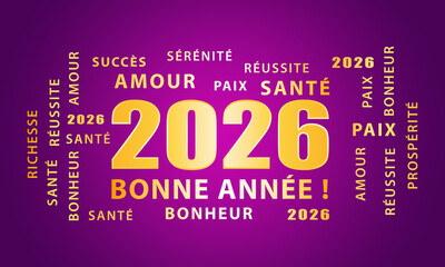 Bonne ann&eacute;e 2026 ! Carte de v&oelig;ux. Illustration violette et or.	