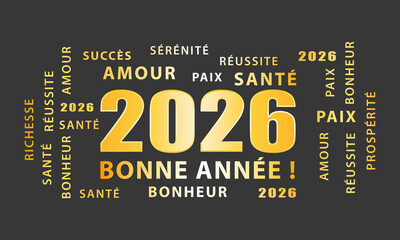 Bonne ann&eacute;e 2026 ! Carte de v&oelig;ux. Illustration anthracite et or.	