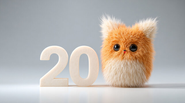 Cute animal with fluffy fur and large eyes next to wooden number 20, creating playful and cheerful atmosphere